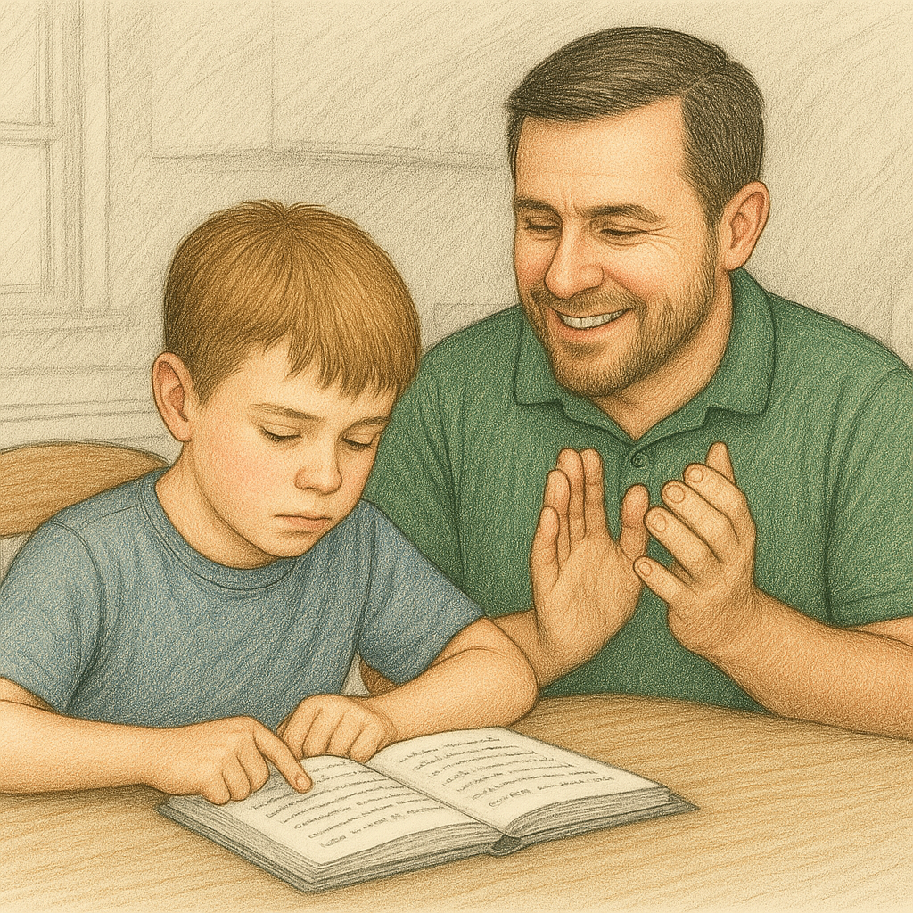 Boy practicing reading while his father encourages him at the table