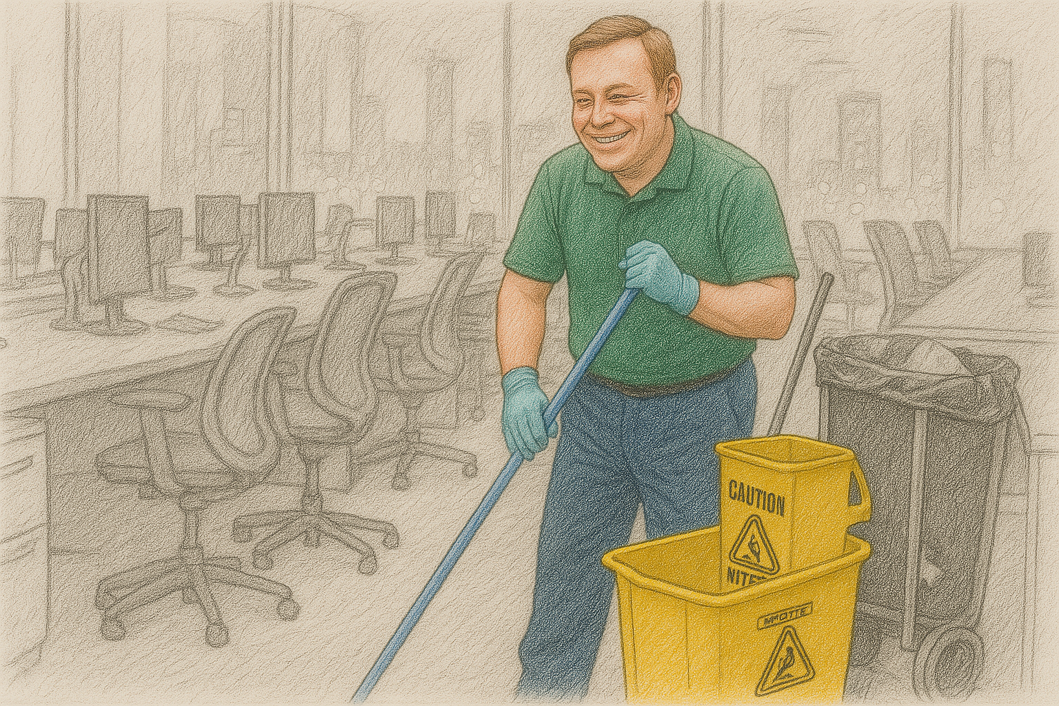 Janitor mopping the floor of an empty office at night