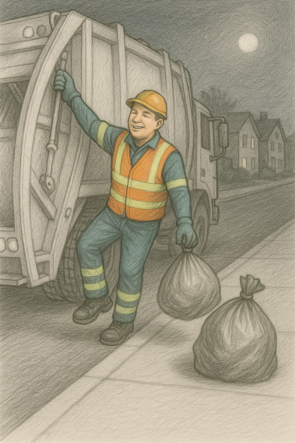 Sanitation worker lifting garbage bags into a truck at night